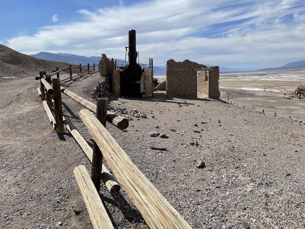 Harmony Borax Works remains with mountains in the background, at Death Valley, California