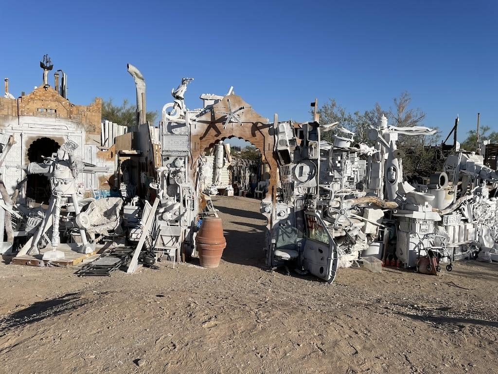 Installation where everything is painted white at East Jesus, Slab City