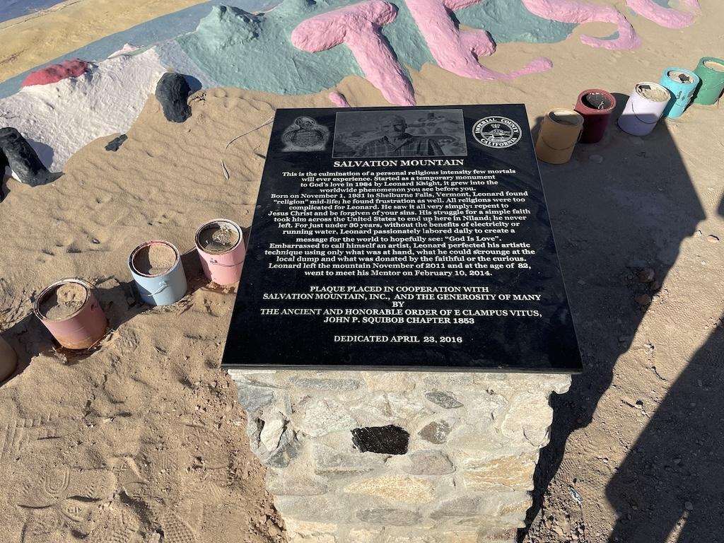 Plaque at Salvation Mountain, Slab City, dedicated to Leonard Knight
