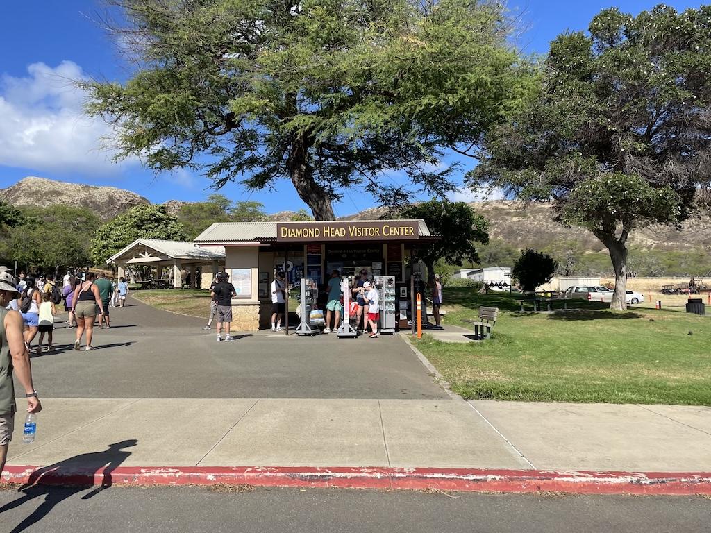 People walking around Diamond Head Crater Monument in Oahu, Hawaii