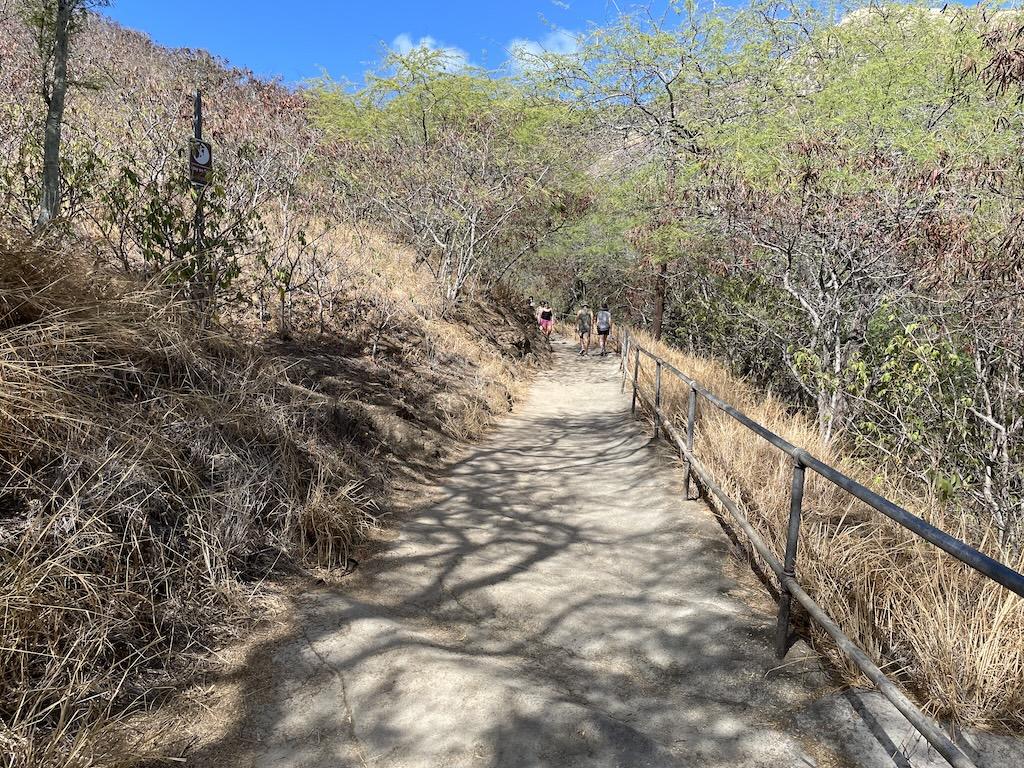 People hiking Diamond Head State Monument on an uneven paved path with rails surrounded by brush