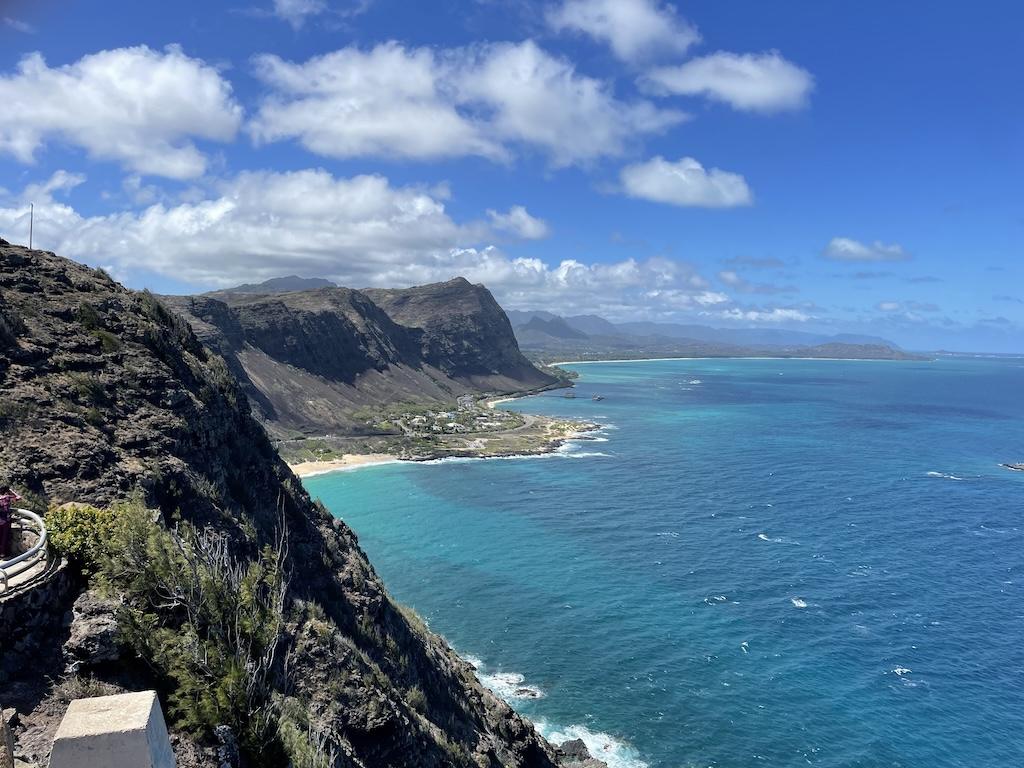 Kaiwi State Scenic view from the top of the Makapu’u Lighthouse summit in Oahu, Hawaii, view of the cliffs and blue ocean