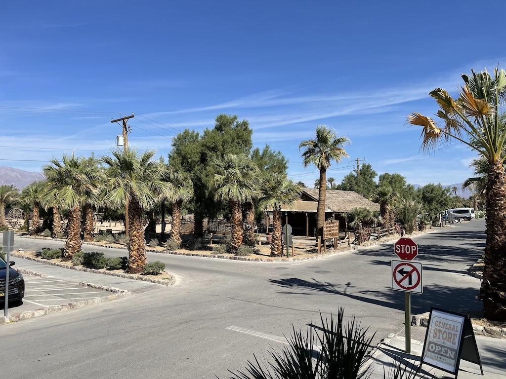 View from across the street of the Ranch at Death Valley museum with old western artifacts, in California