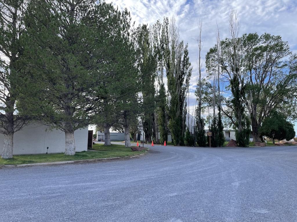 Trees and buildings at Meteor Crater RV Park, in Winslow, Arizona.
