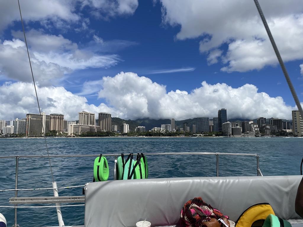 View of Waikiki buildings from the Oahu Catamarans tour that Luna took in Hawaii