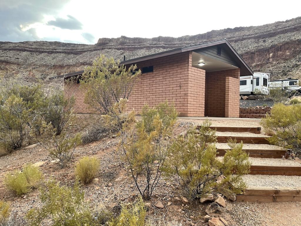 View of bathroom facilities at Quail Creek State Park Campground in Hurricane, Utah.