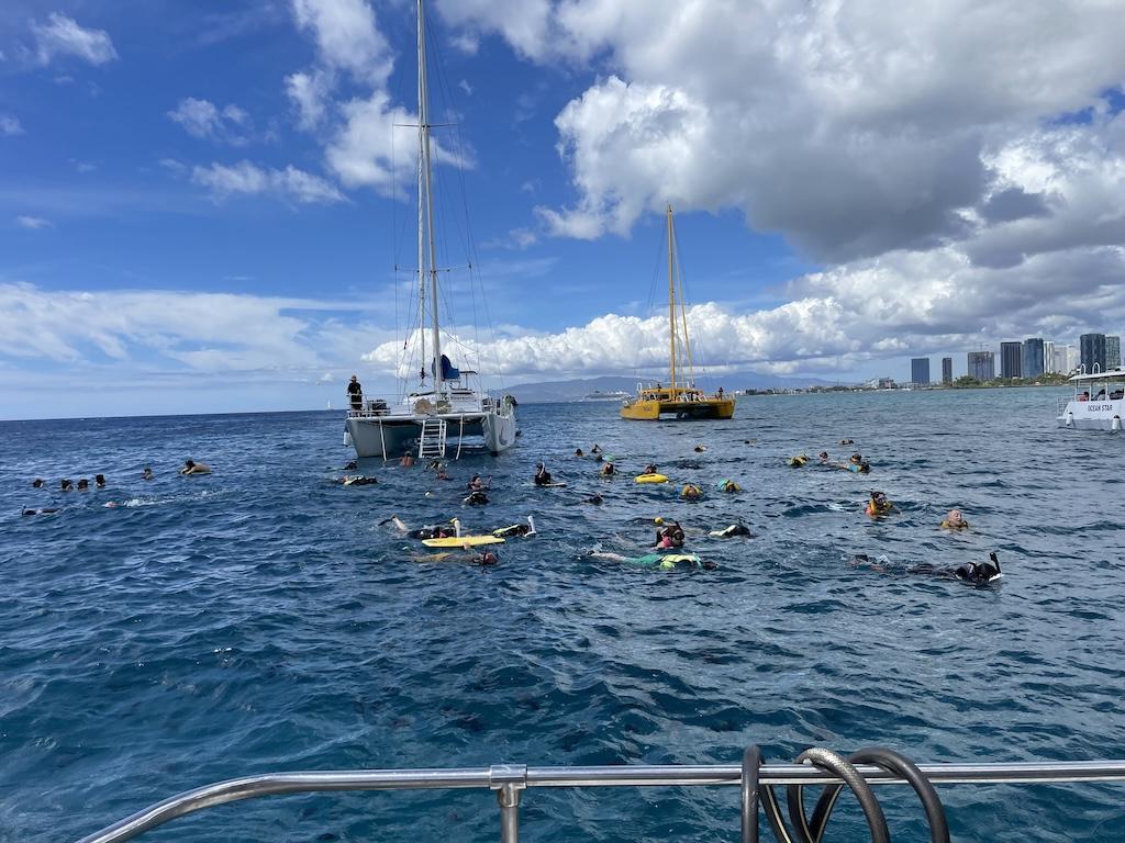 People swimming and snorkeling in Turtle Bay on a boat tour with Oahu Catamaran in Honolulu, Hawaii