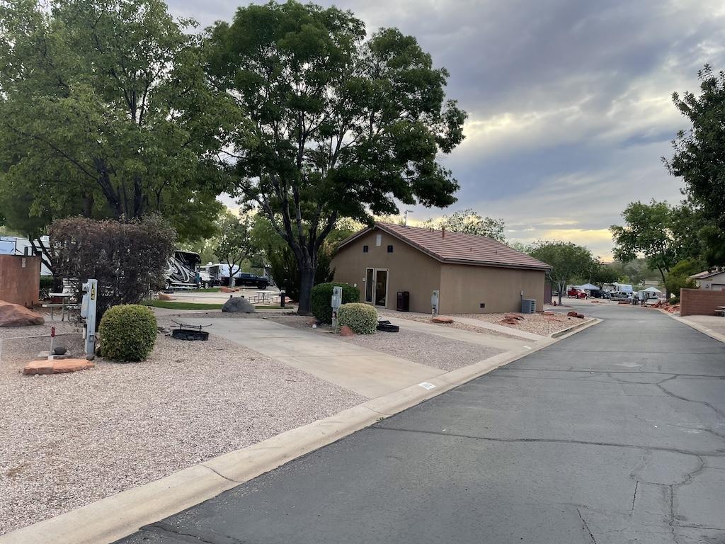 Bathroom, shower, and laundry building at Zion River Resort RV Park and Campground in Virgin, Utah