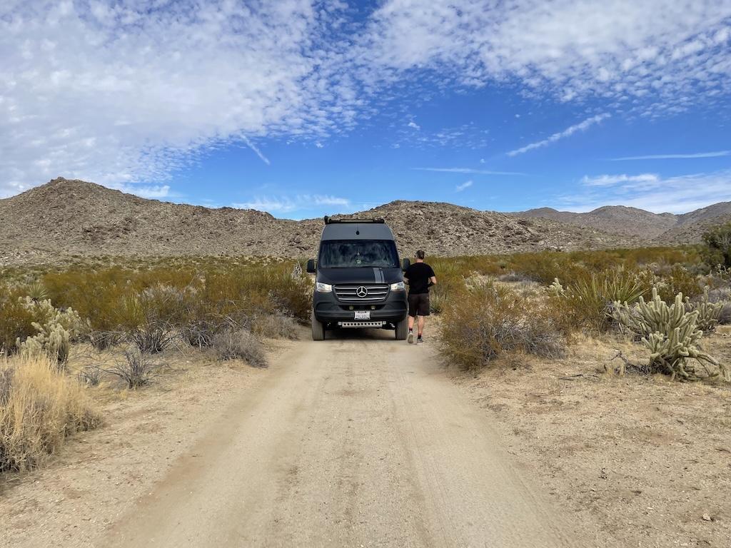 Luna’s Sprinter van on the narrow and sandy roads leading to Ghost Mountain Trail in Anza-Borrego Desert State Park in California
