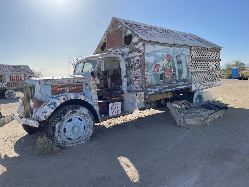 Leonard Knight’s house, a painted truck, at Salvation Mountain, Slab City, California