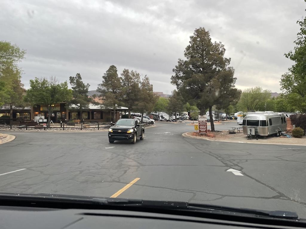 View from Luna’s camper van driving into Zion River Resort in Utah