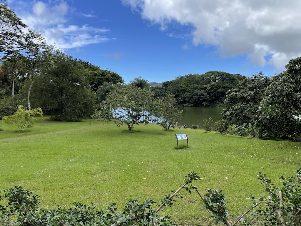 View of people at the lake at Ho’omaluhia Botanical Garden in Oahu, Hawaii