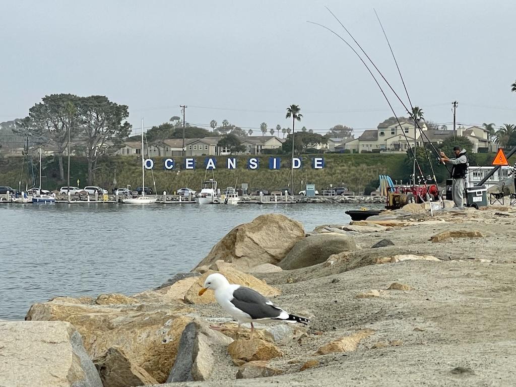 Man fishing off the pier near Oceanside Harbor where Luna stayed in California