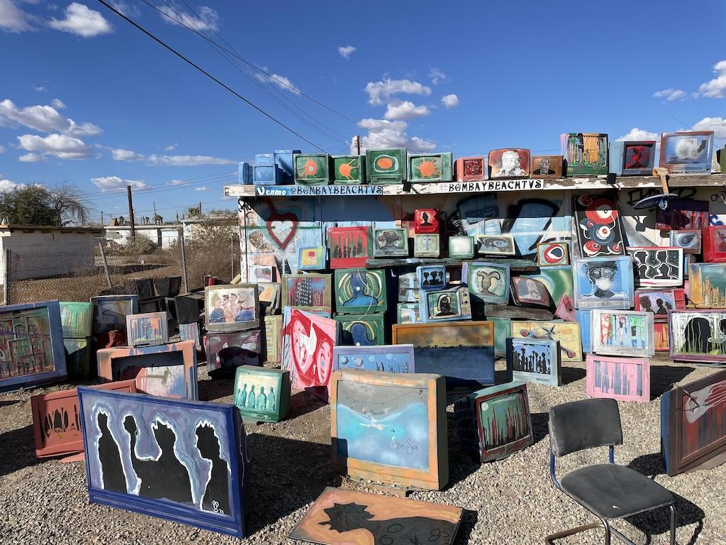 Art exhibit with tvs outside in the neighborhood at Bombay Beach on the Salton Sea in California