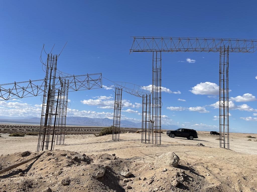 Tall wire art exhibit at Bombay Beach in California
