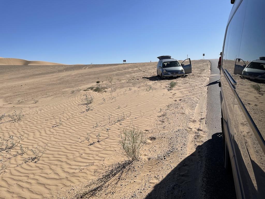 Can stuck in the sand at Hugh T. Osborne Lookout Park at Glamis Sand Dunes, in California