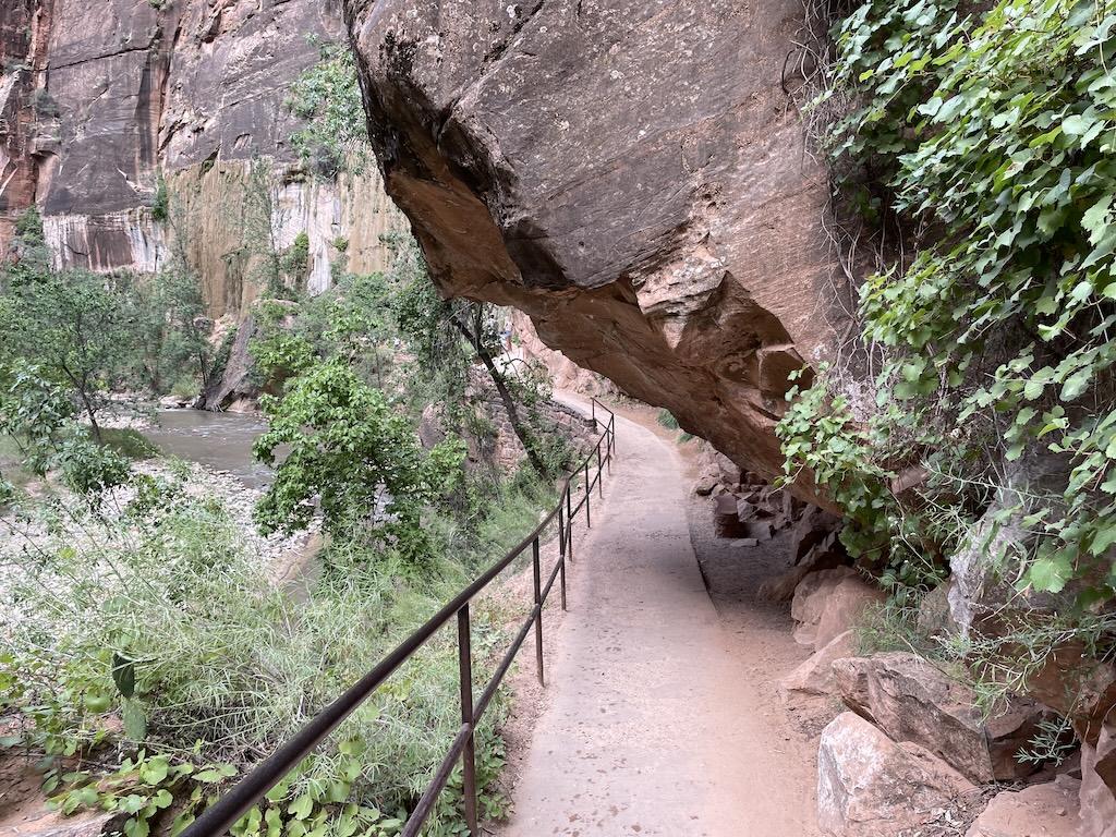 Rock overhang across on the Riverside Walk path in Zion National Park