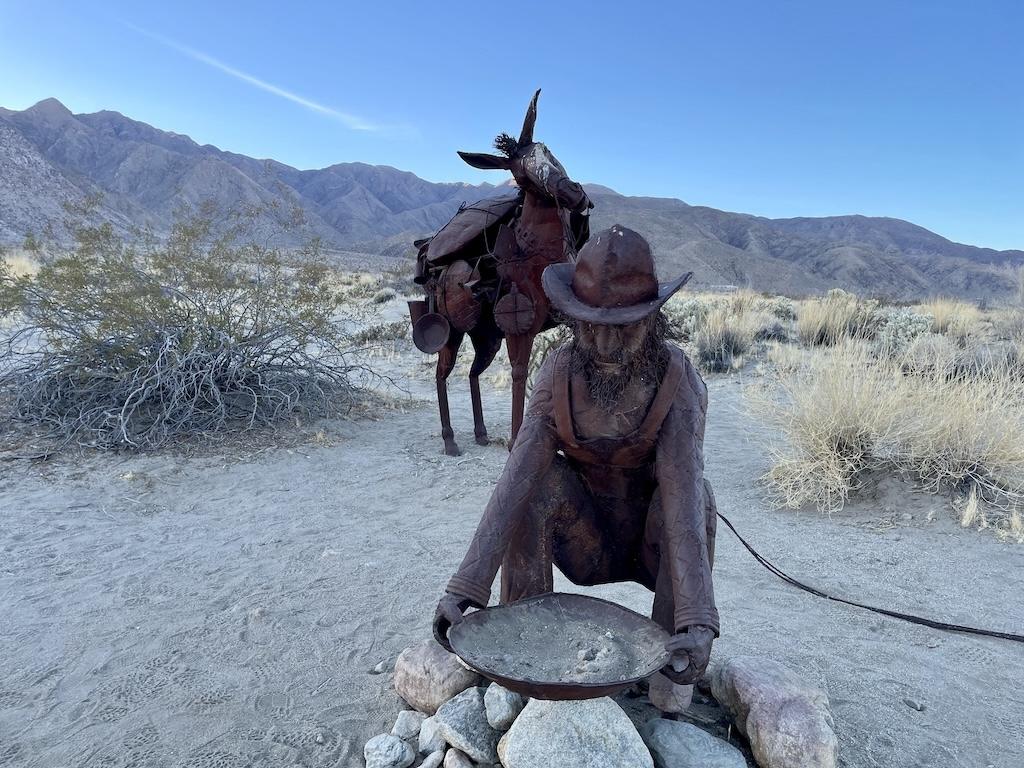 Miner panning for gold sculpture at Galleta Meadows in Anza-Borrego, California