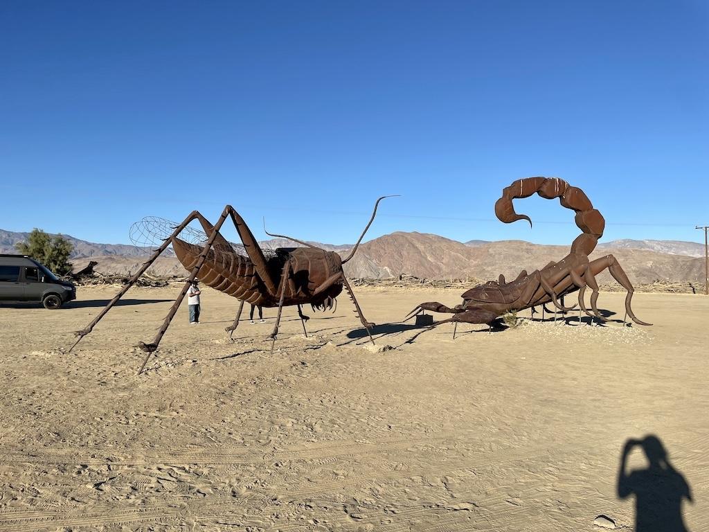 Giant scorpian and cricket sculptures at Galleta Meadows in Anza-Borrego, California