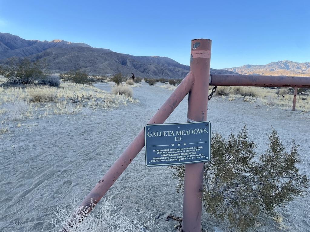 Galleta Meadows sign on the gate in Anza-Borrego, California
