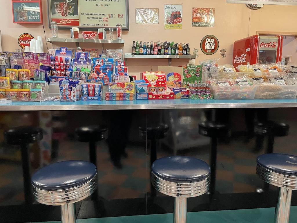 View of candy inside Peggy Sue’s diner, off the I-15 in California