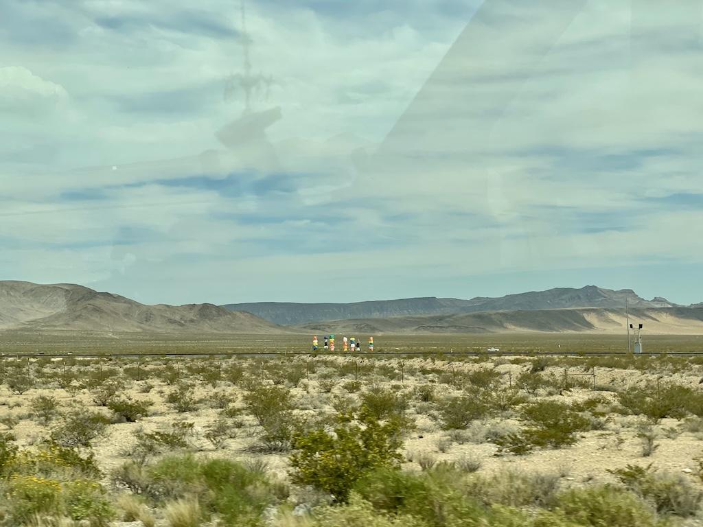 View of Seven Magic Mountains at a far distance off the I-15, where Luna stopped to view the artwork