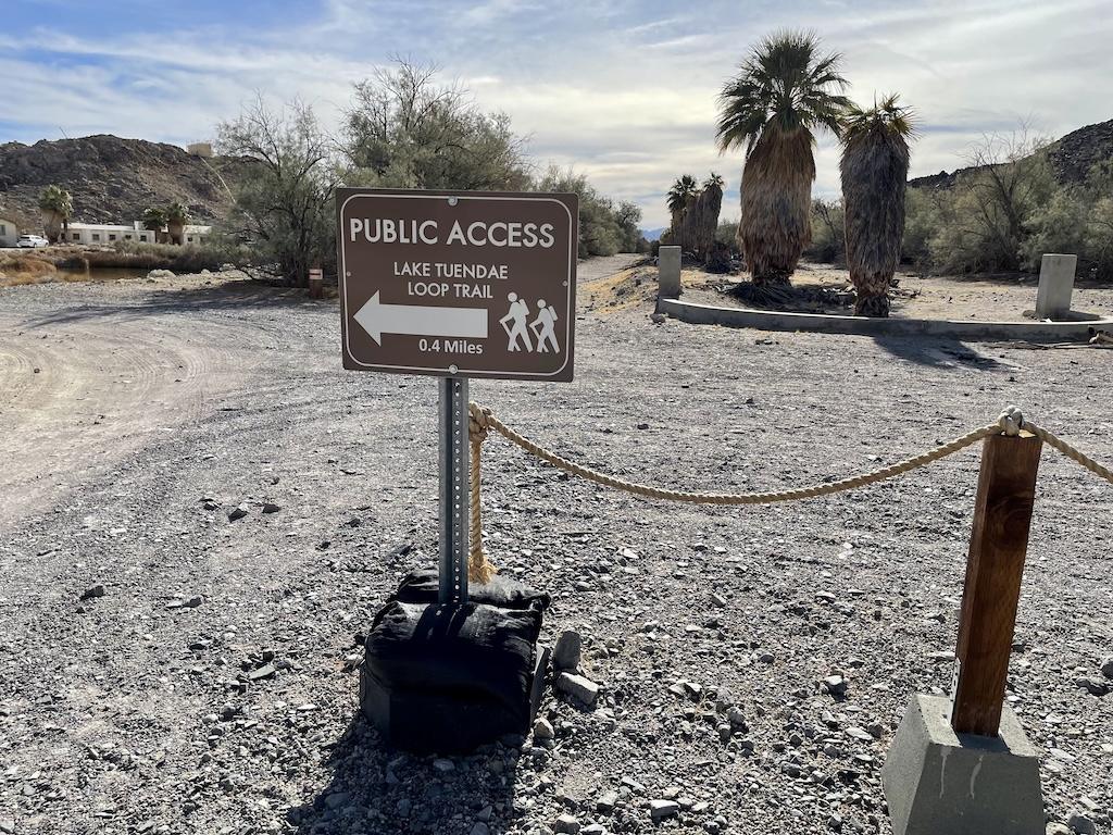 Public access Lake Tuendae Loop Trail sign at Soda Springs, California, the destination at the end of Zzyzx Road.