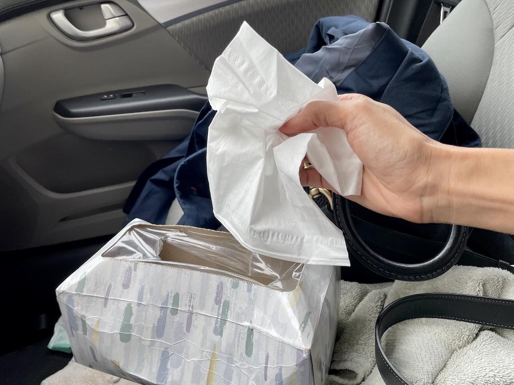 Luna’s hand reaching for tissue in the vehicle while driving