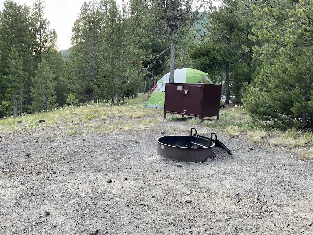 Food storage box and fire ring in front of tent at Madison Campground in Yellowstone National Park, Wyoming