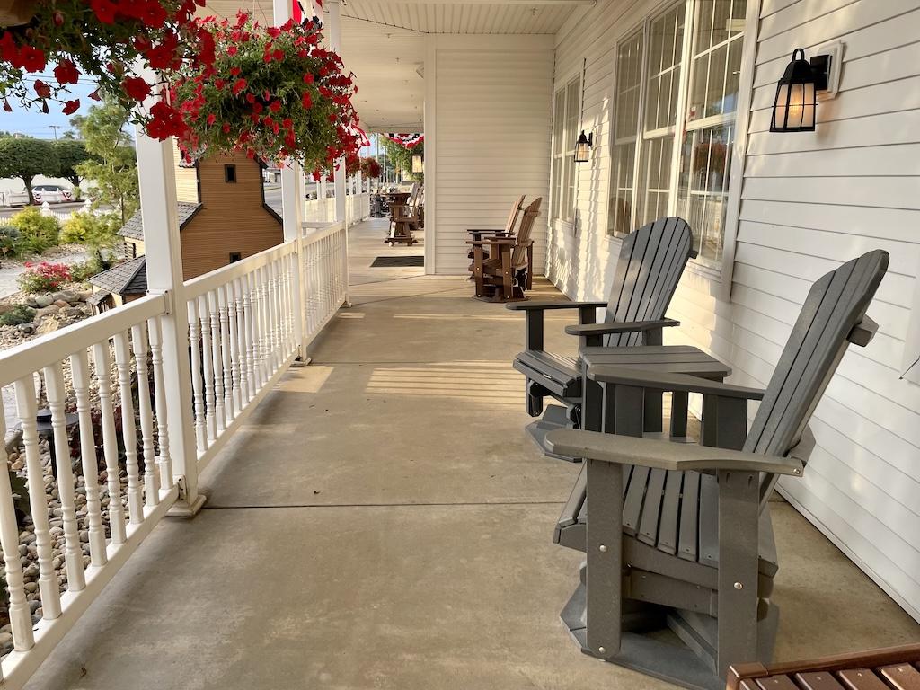View of porch at the Blue Gate Restaurant in Shipshewana, Indiana, where Luna ate dinner