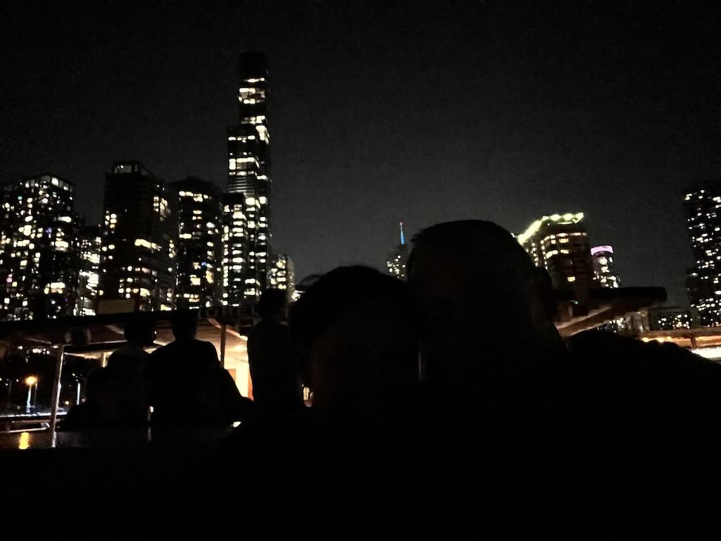 View of buildings in background at night on the Chicago architecture river tour Luna took with Shoreline Sightseeing in Illinois