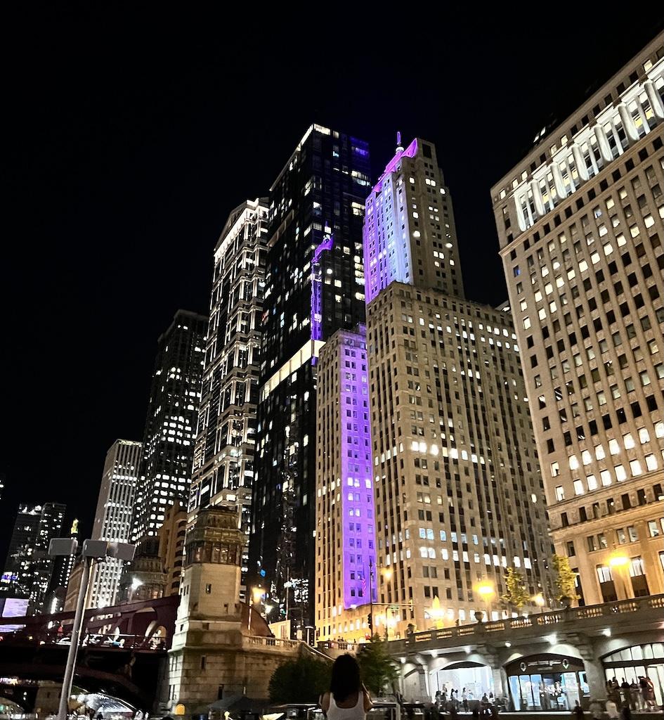 View of buildings at night on the Chicago architecture river tour with Shoreline Sightseeing in Illinois