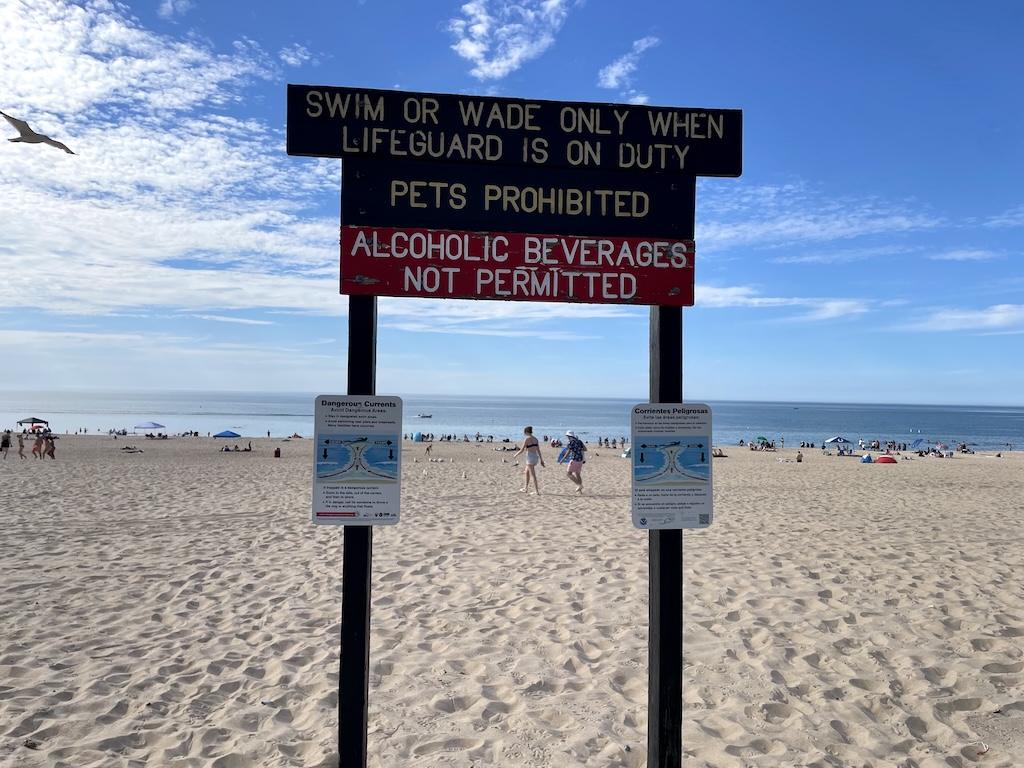 View of lifeguard and dangerous currents signs at Indiana Dunes State Park