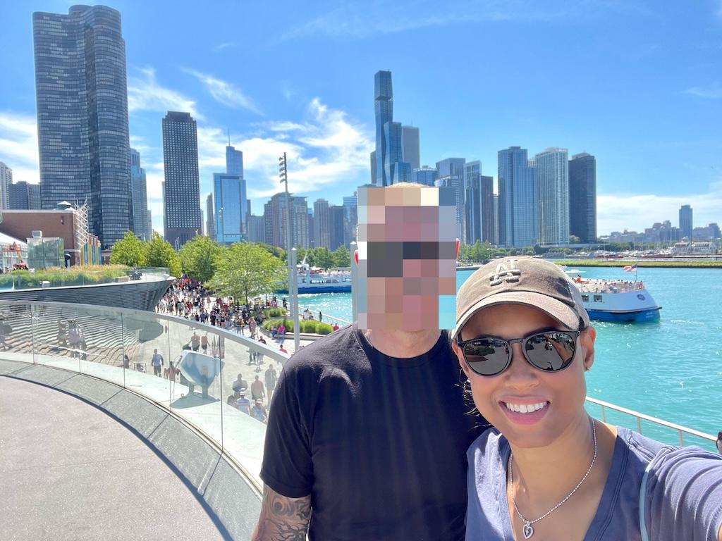 View of Luna at smiling to the camera at Navy Pier in Chicago Illinois during the day