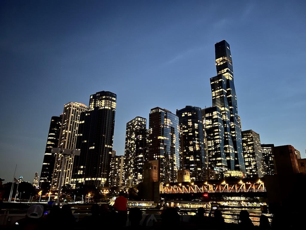 View of buildings at night on the Chicago architecture river tour with Shoreline Sightseeing in Illinois