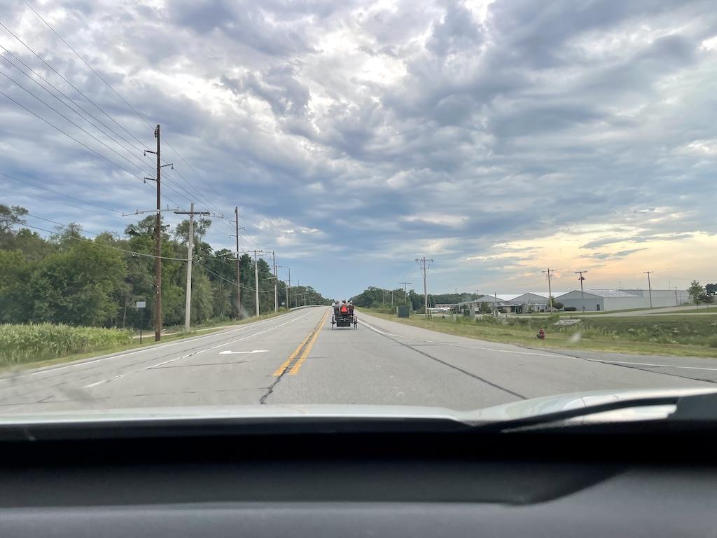 View of horse-drawn buggy outside of Shipshewana, Indiana 