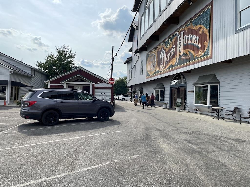 View of people walking out of shopping center in Shipshewana, Indiana