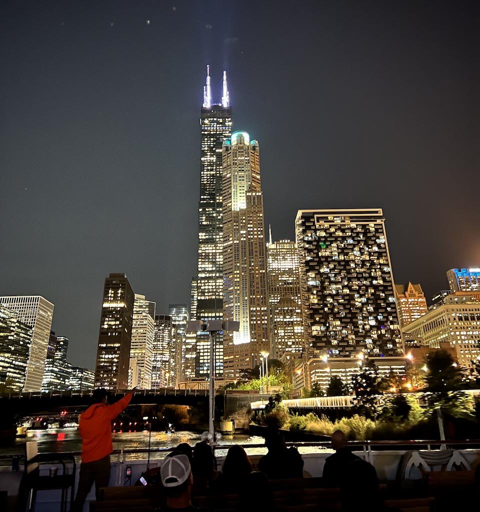 View of Willis Tower at night on the Chicago architecture river tour Luna took Sightseeing in Illinois