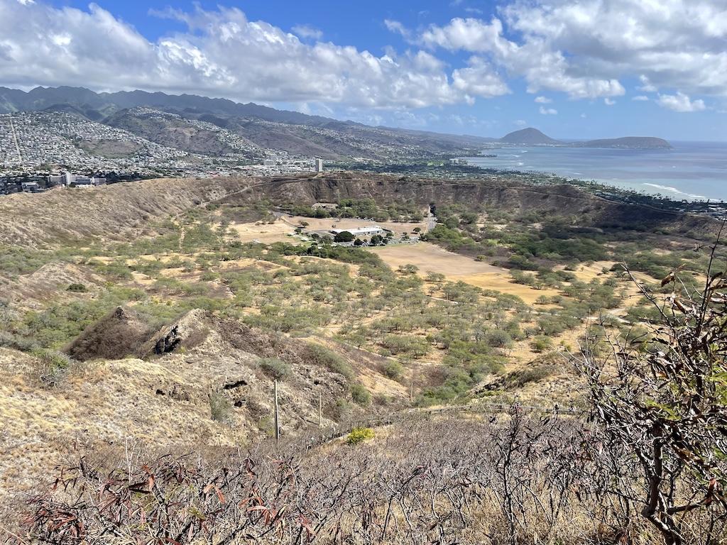 View of the coastline at the summit at Diamond Head crater where Luna hiked