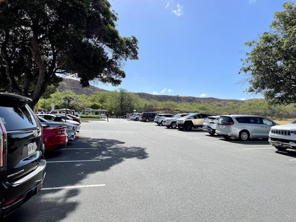 View of Diamond Head State Monument parking lot in Oahu, Hawaii