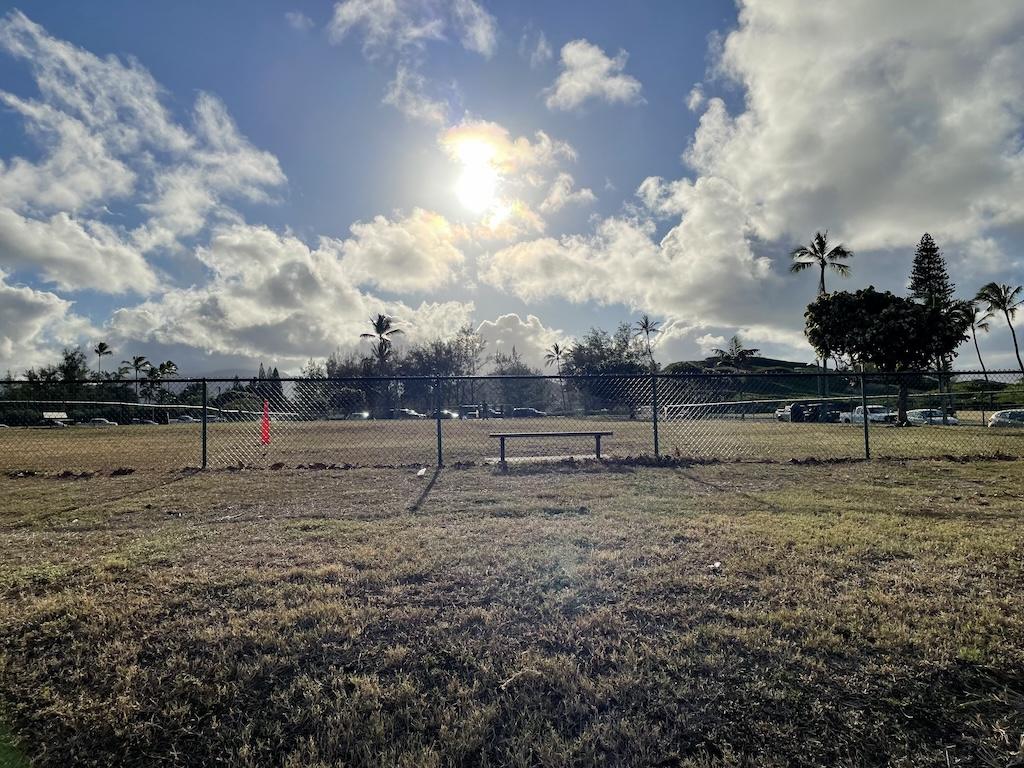 View of athletic field at Marine Corps Base Hawaii in Oahu