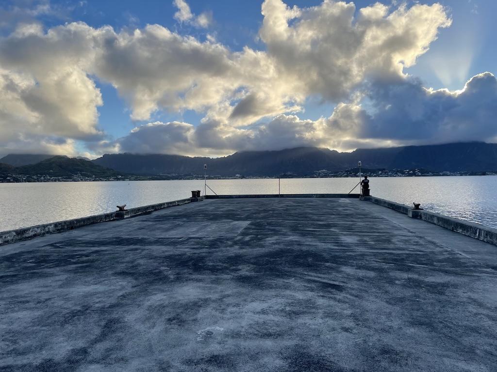 Pier view of mountains at Marine Corps Base Hawaii in Oahu