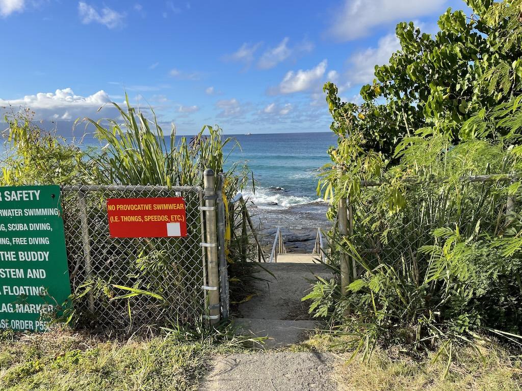 View of stairs at North Beach going down to the water at Marine Corps Base Hawaii in Oahu