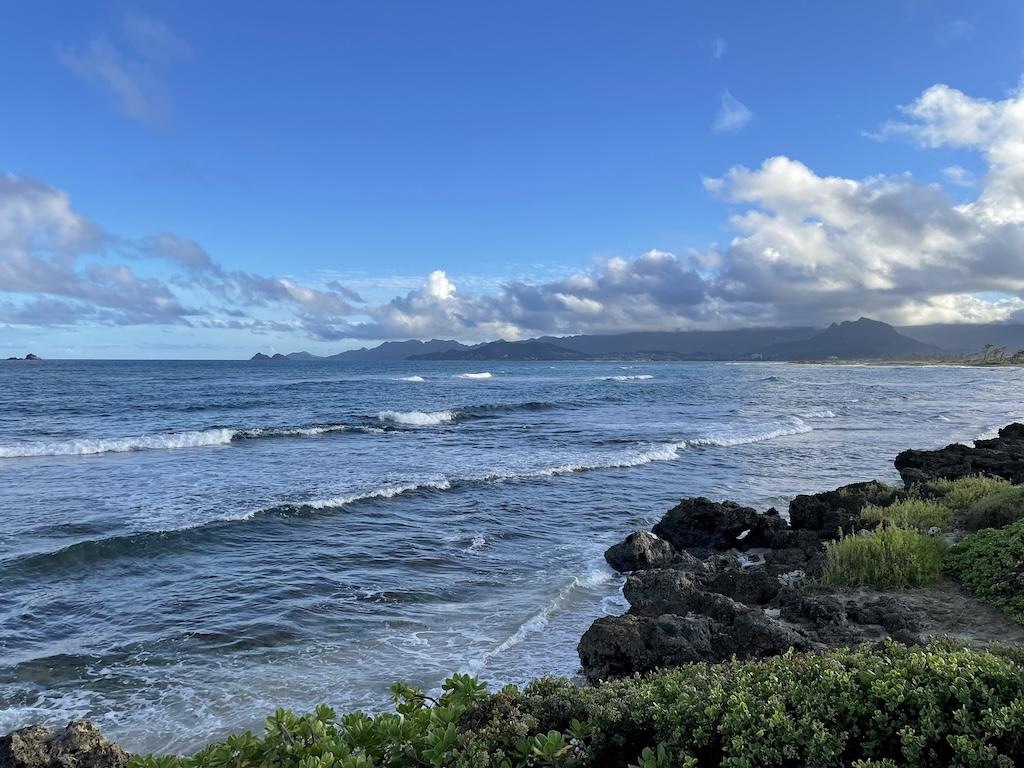 View of rocky shore at North Beach at Marine Corps Base Hawaii in Oahu