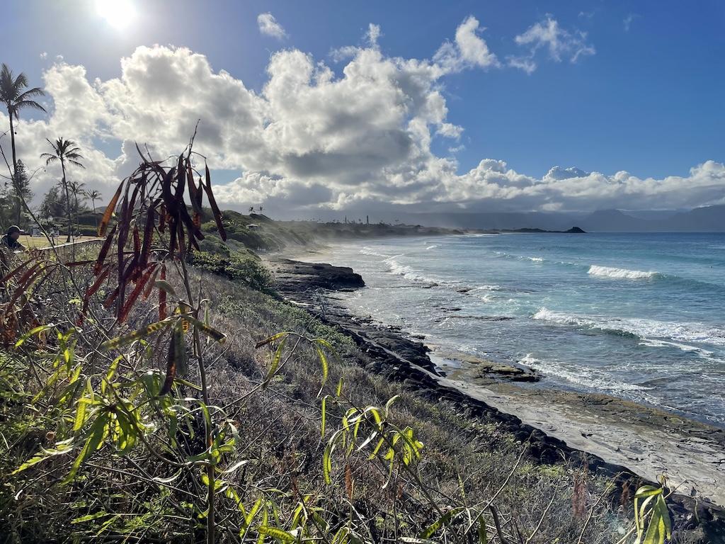 View of shore and ocean at North Beach at Marine Corps Base Hawaii in Oahu