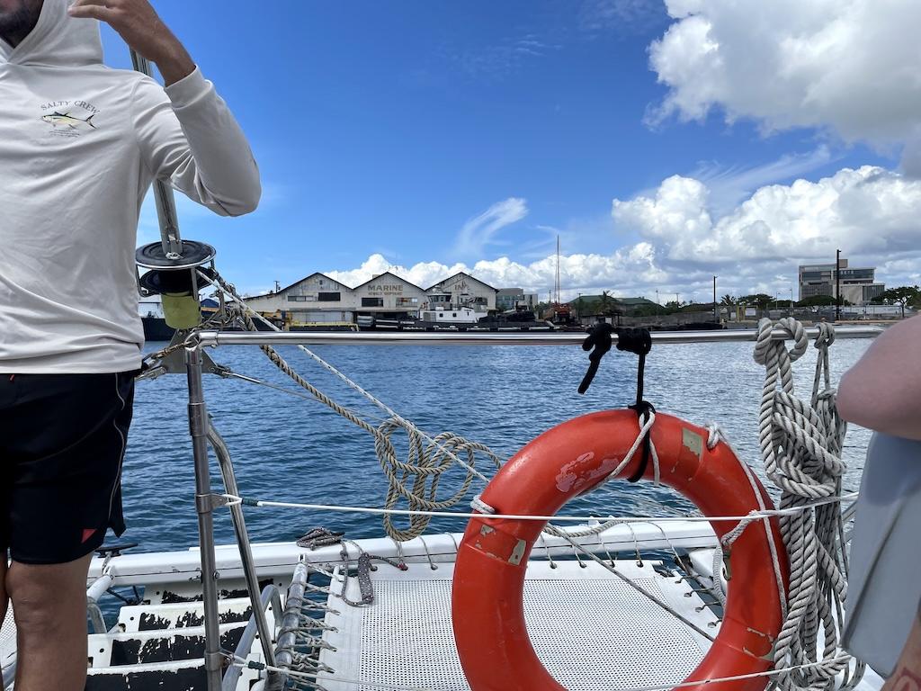 View of marina where Luna went on a catamaran boat tour in Oahu, Hawaii