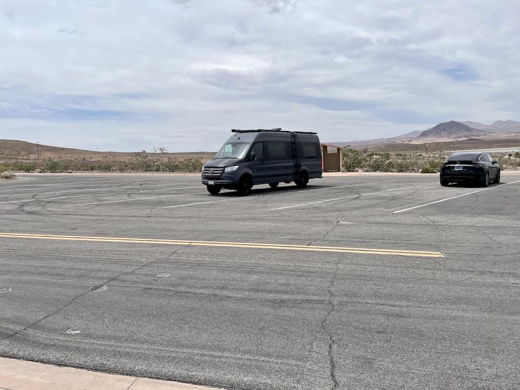 View of Luna’s camper van parked in Lake Mead on the way to Hoover Dam