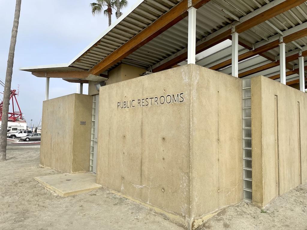 View of public restrooms at the overnight parking lot in Oceanside Harbor, California