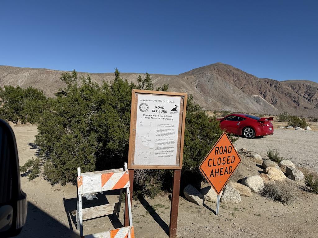 Coyote Canyon Road closed signs at Anza-Borrego Desert State Park in California.