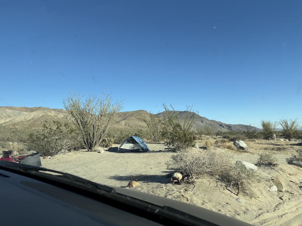 View of tent camping from Luna’s van, off Coyote Canyon Road, at Anza-Borrego Desert State Park, California.